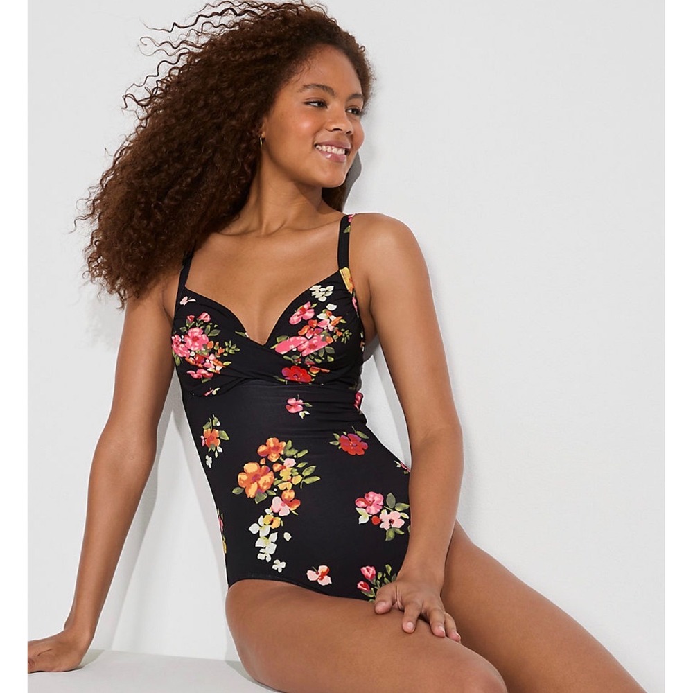 Lands End Floral One Piece Swimsuit Black Pink Surplice Neck 14